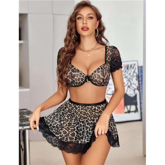 Women Sexy Mesh Top Lingerie Skirts 3 Piece Leopard - Picture 1 of 6